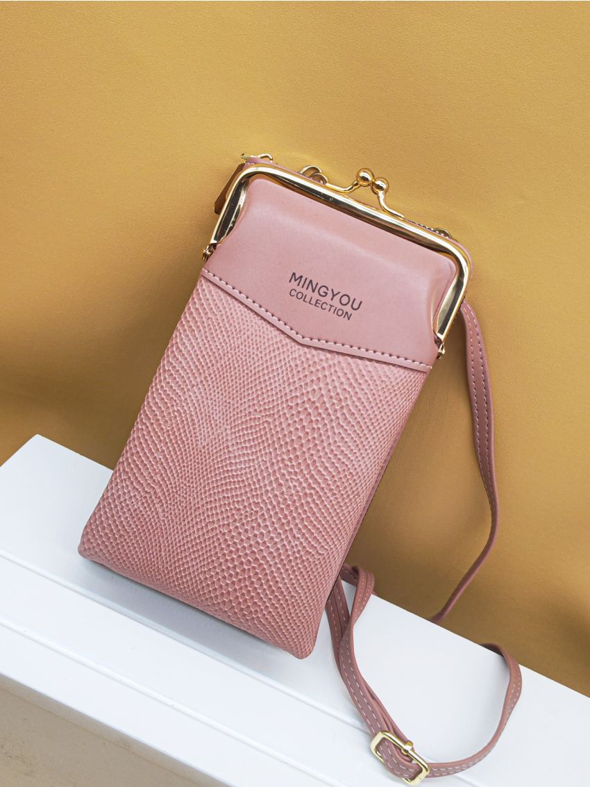 Letter Graphic Snakeskin Embossed Kiss Lock Phone Wallet