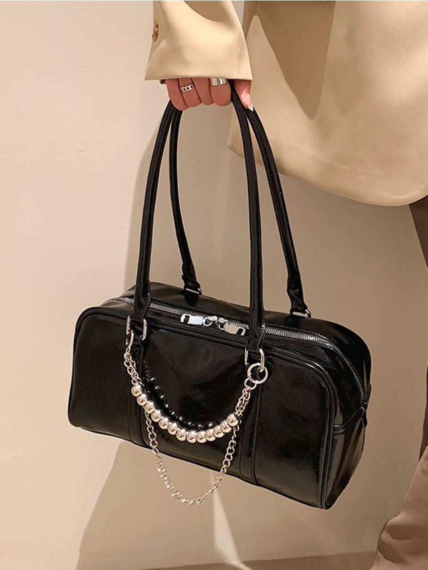 Bead & Chain Decor Shoulder Tote Bag