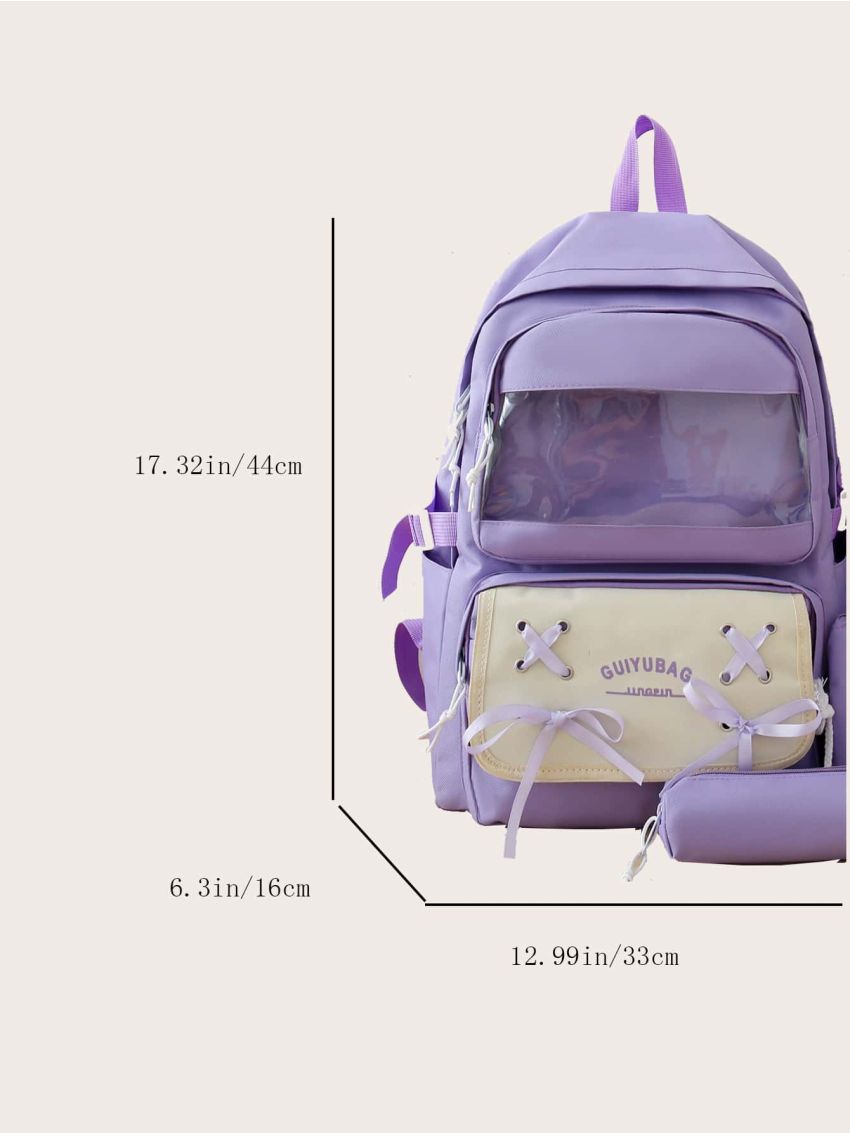 5pcs Colorblock Letter & Lace Up Decor Backpack Set