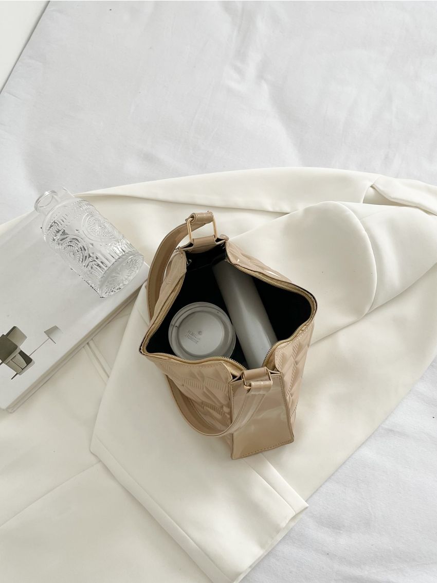 Artificial Patent Leather Quilted Detail Baguette Bag