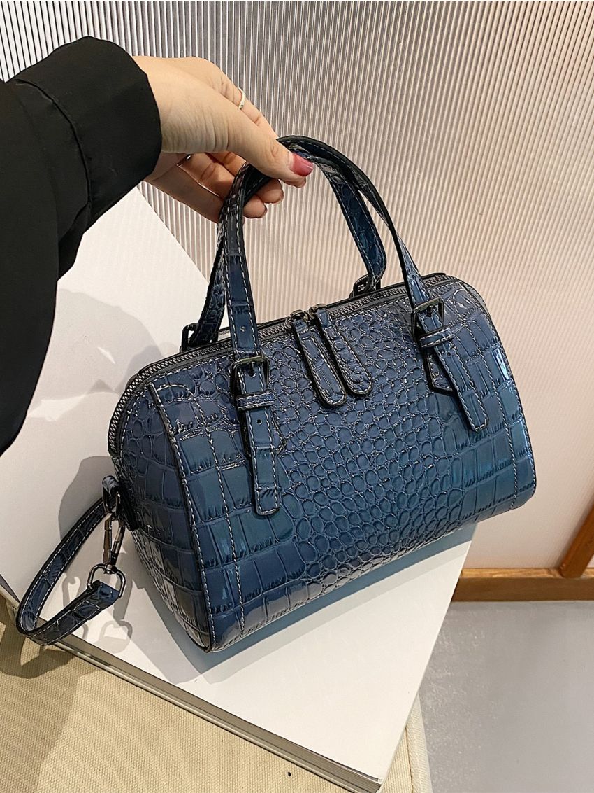 Crocodile Embossed Double Handle Boston Bag