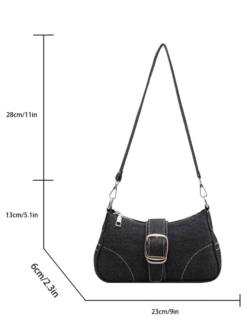 Buckle & Chain Decor Denim Baguette Bag