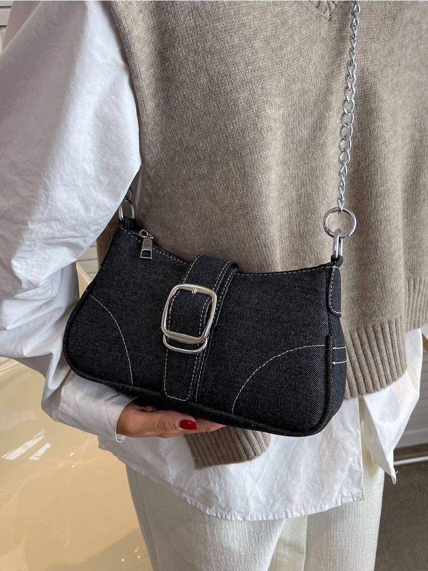 Buckle & Chain Decor Denim Baguette Bag
