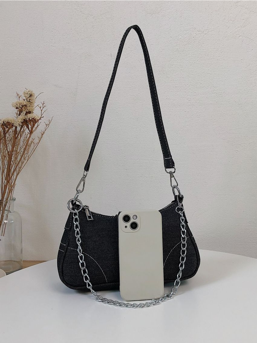 Buckle & Chain Decor Denim Baguette Bag