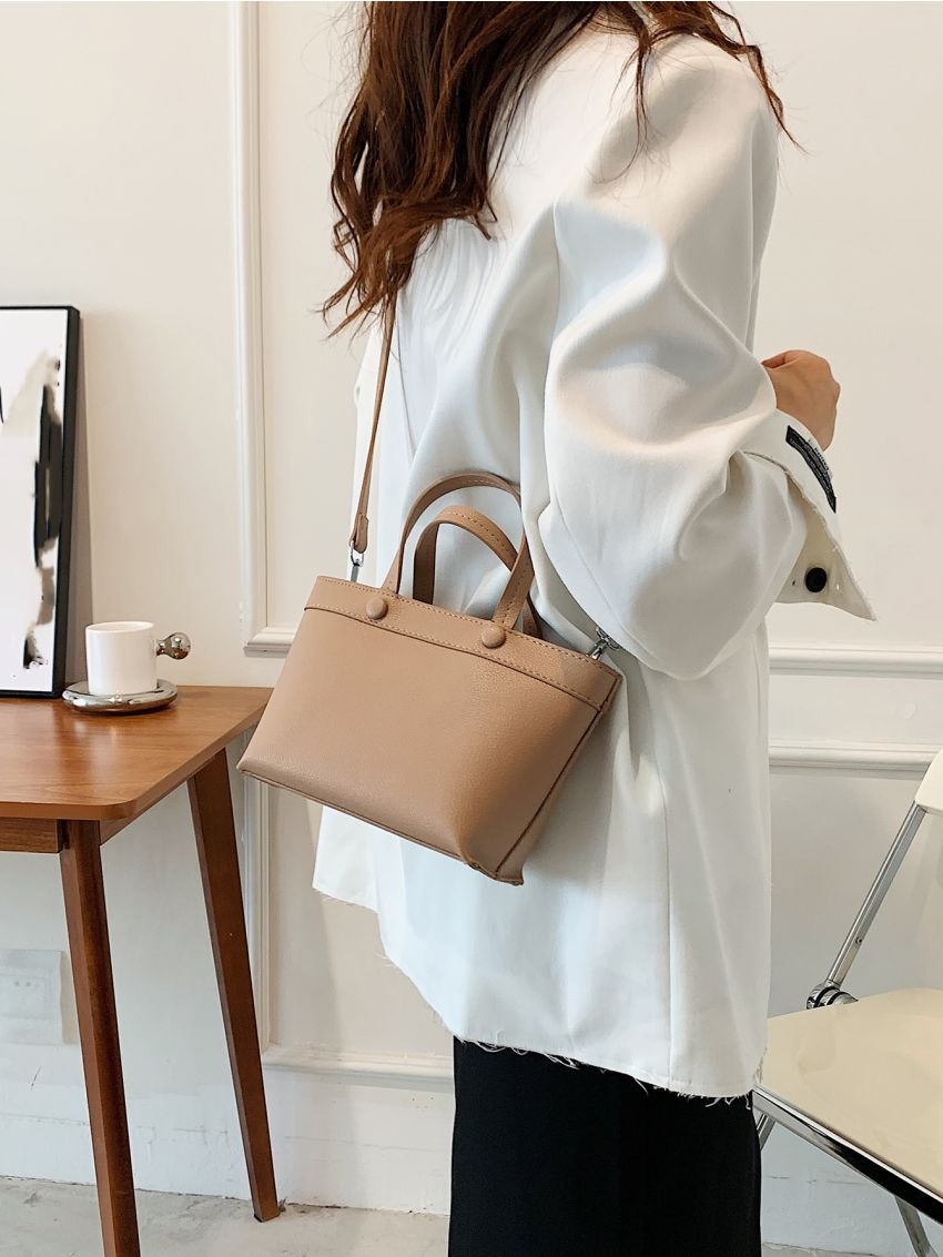 Litchi Embossed Button Decor Double Handle Square Bag