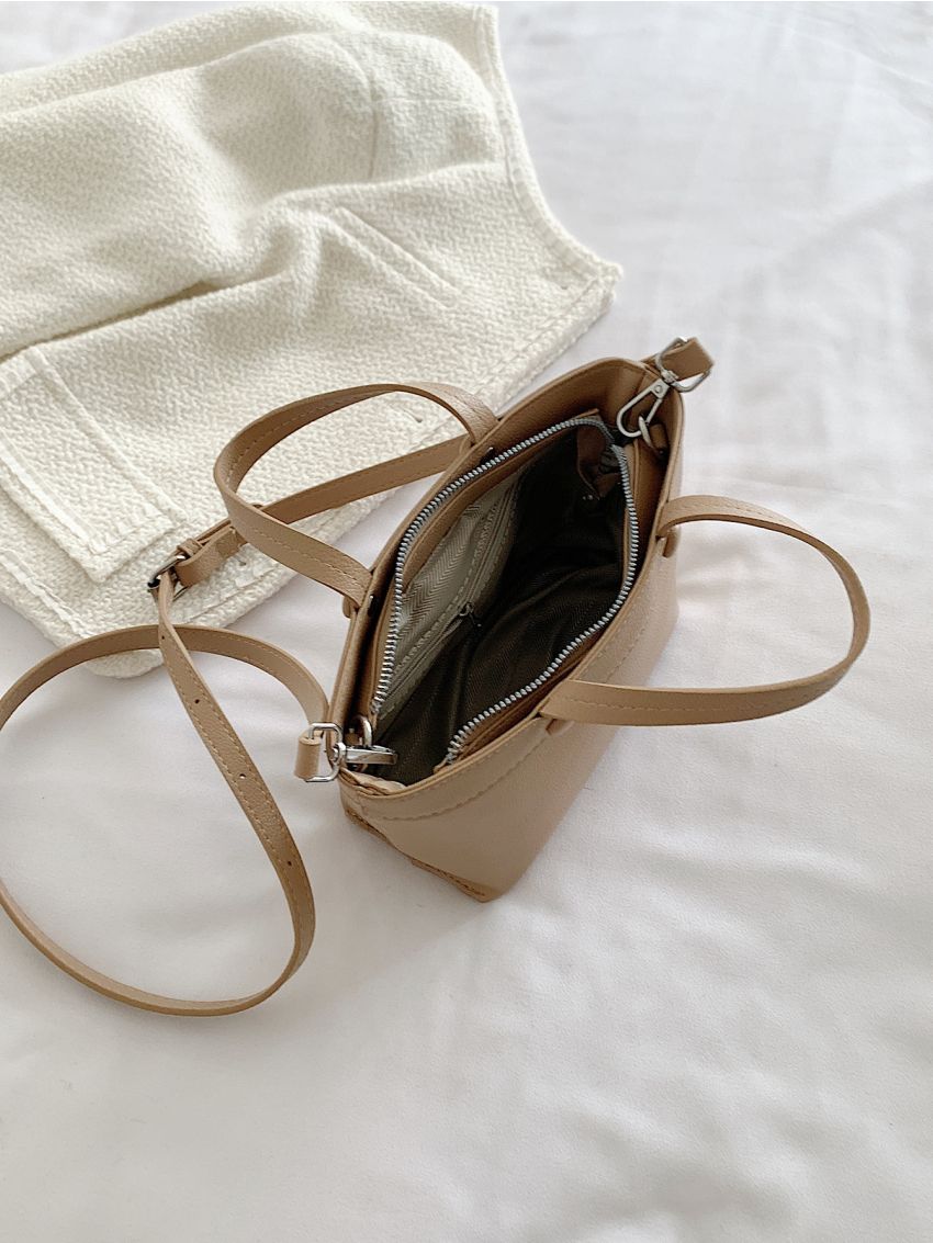 Litchi Embossed Button Decor Double Handle Square Bag