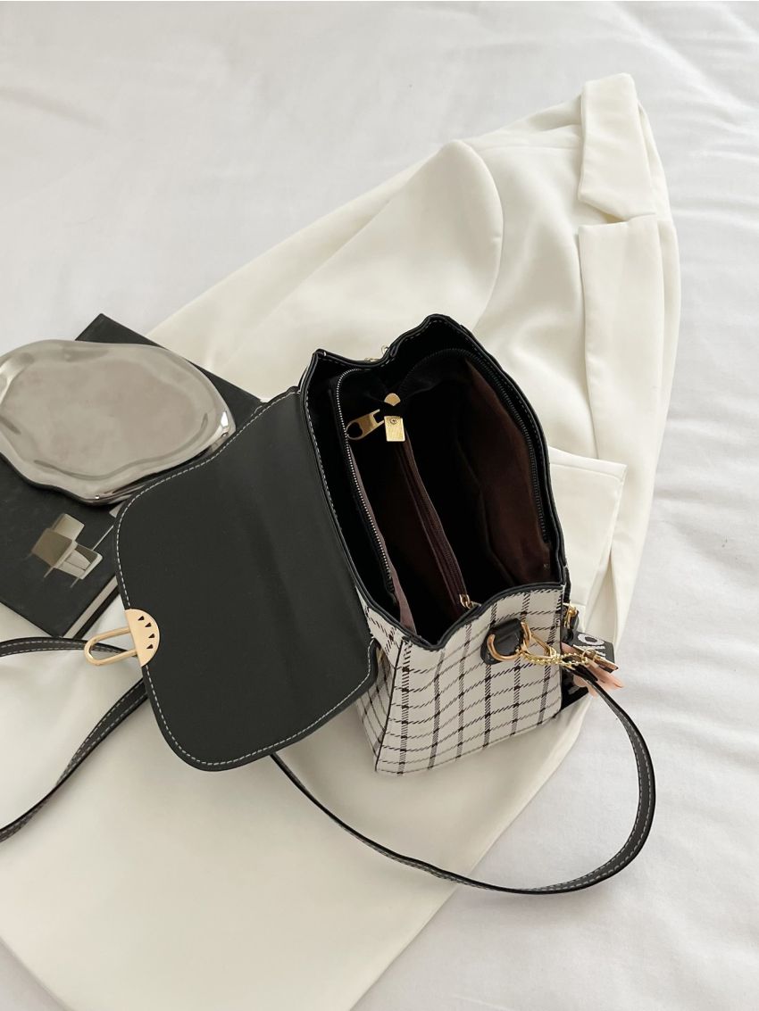 Colorblock Plaid Square Bag With Bag Charm