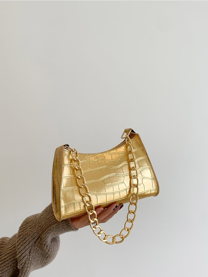 Metallic Crocodile Embossed Chain Baguette Bag