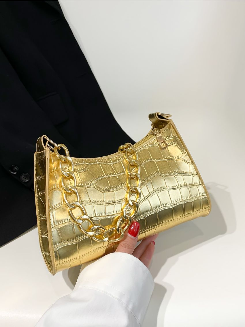 Metallic Crocodile Embossed Chain Baguette Bag