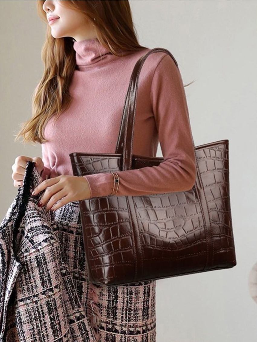 Metal Letter Decor Crocodile Embossed Shoulder Tote Bag