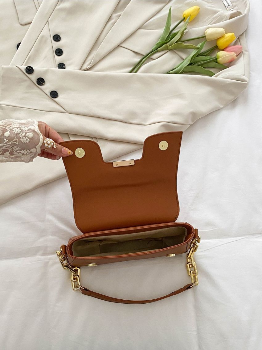 Metal Decor Flap Baguette Bag