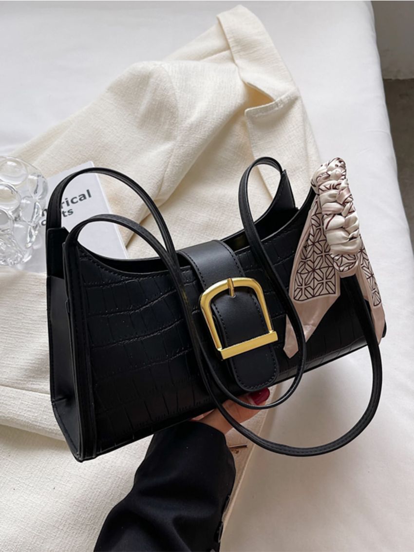 Crocodile Embossed Twilly Scarf Decor Baguette Bag