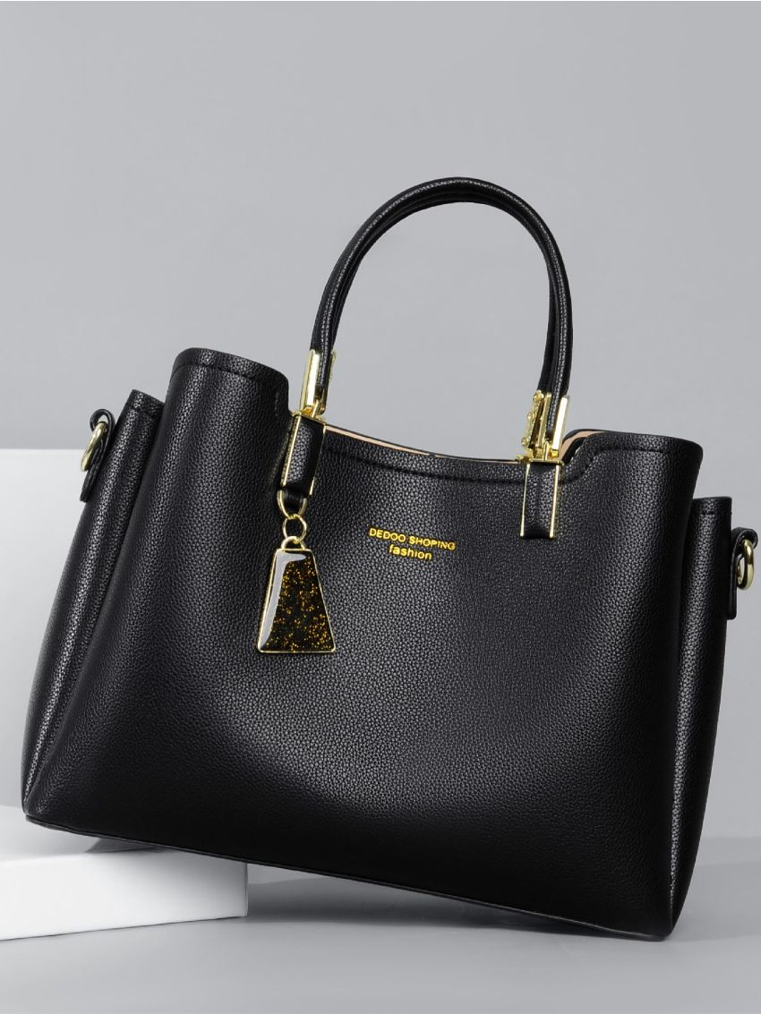 Letter & Litchi Embossed Satchel Bag With Bag Charm