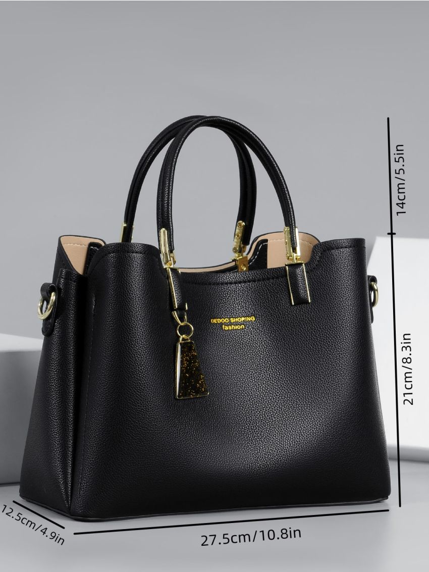 Letter & Litchi Embossed Satchel Bag With Bag Charm