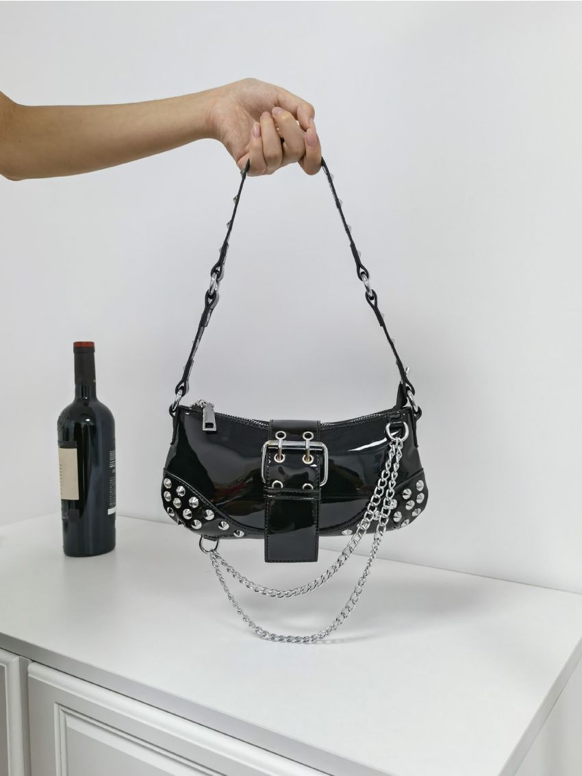 Studded & Chain Decor Baguette Bag