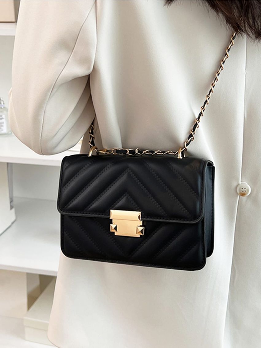 Mini Chevron Detail Flap Chain Square Bag