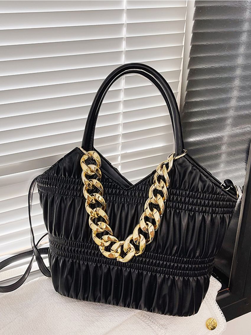 Ruched Detail Chain Decor Shoulder Tote Bag