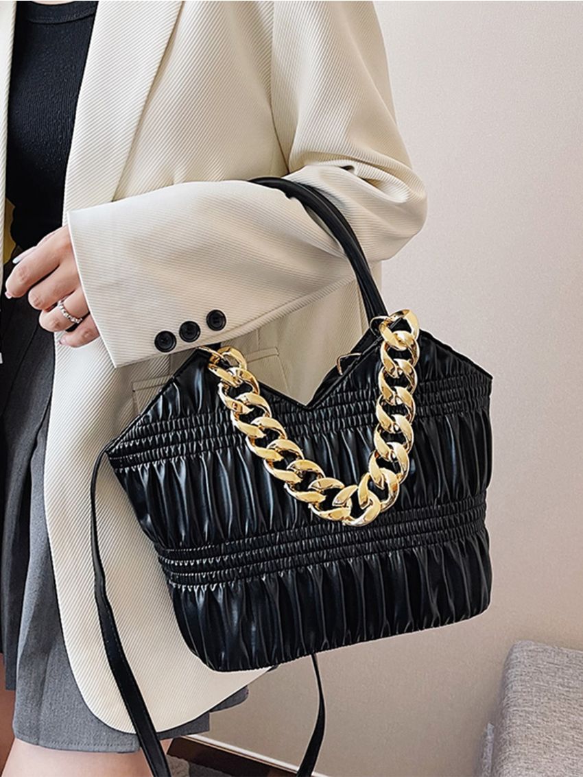 Ruched Detail Chain Decor Shoulder Tote Bag