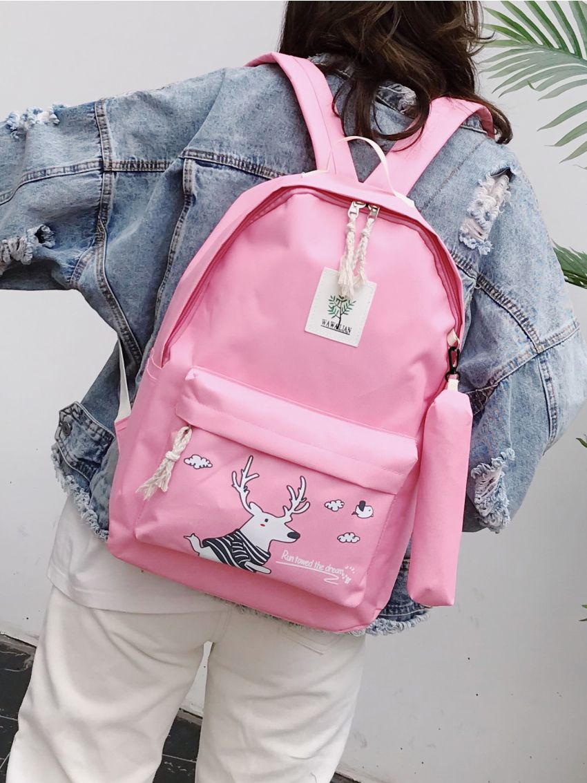 5pcs Cartoon Deer & Letter Graphic Classic Backpack Set