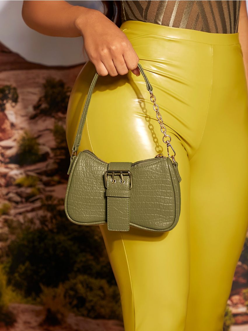 Mini Crocodile Embossed Buckle Decor Baguette Bag