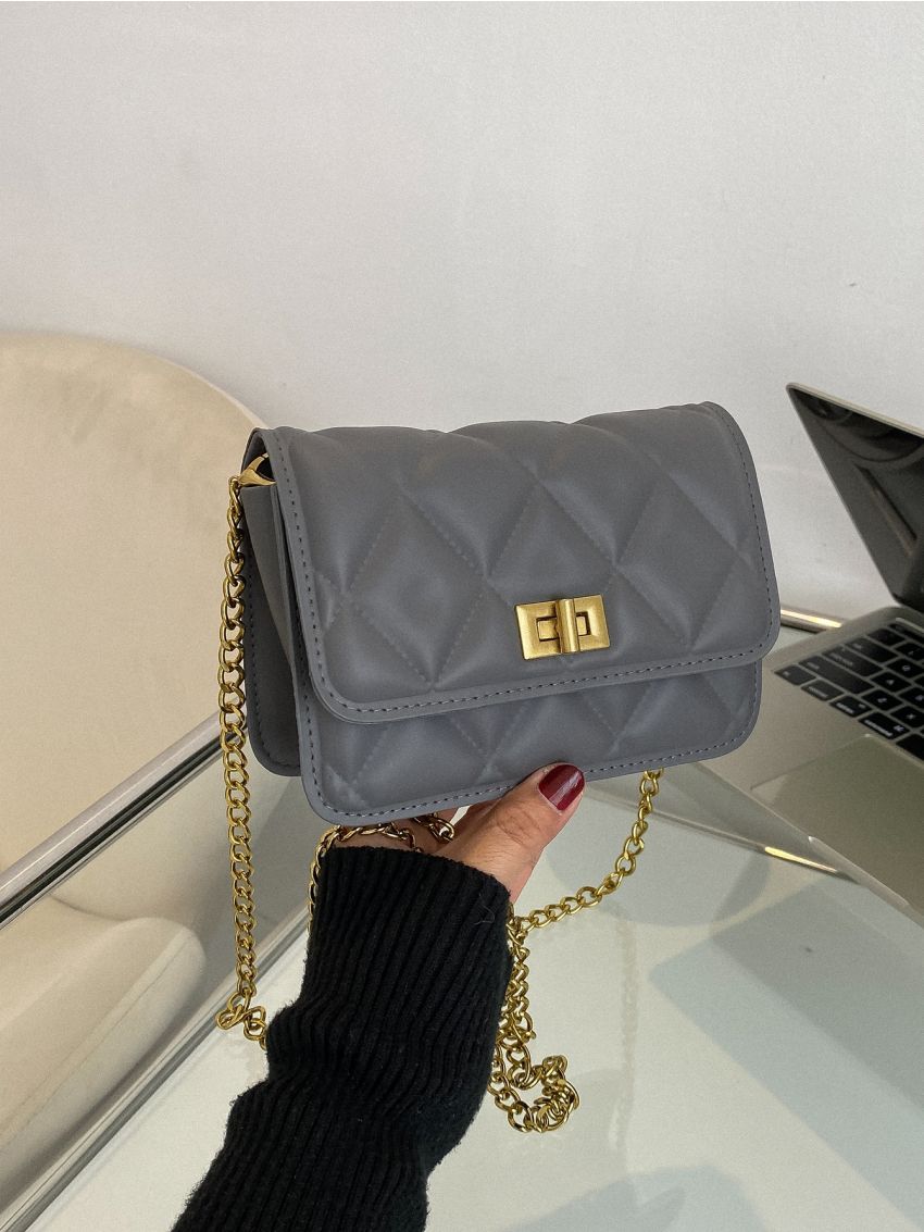 Mini Geometric Quilted Flap Twist Lock Design Chain Square Bag