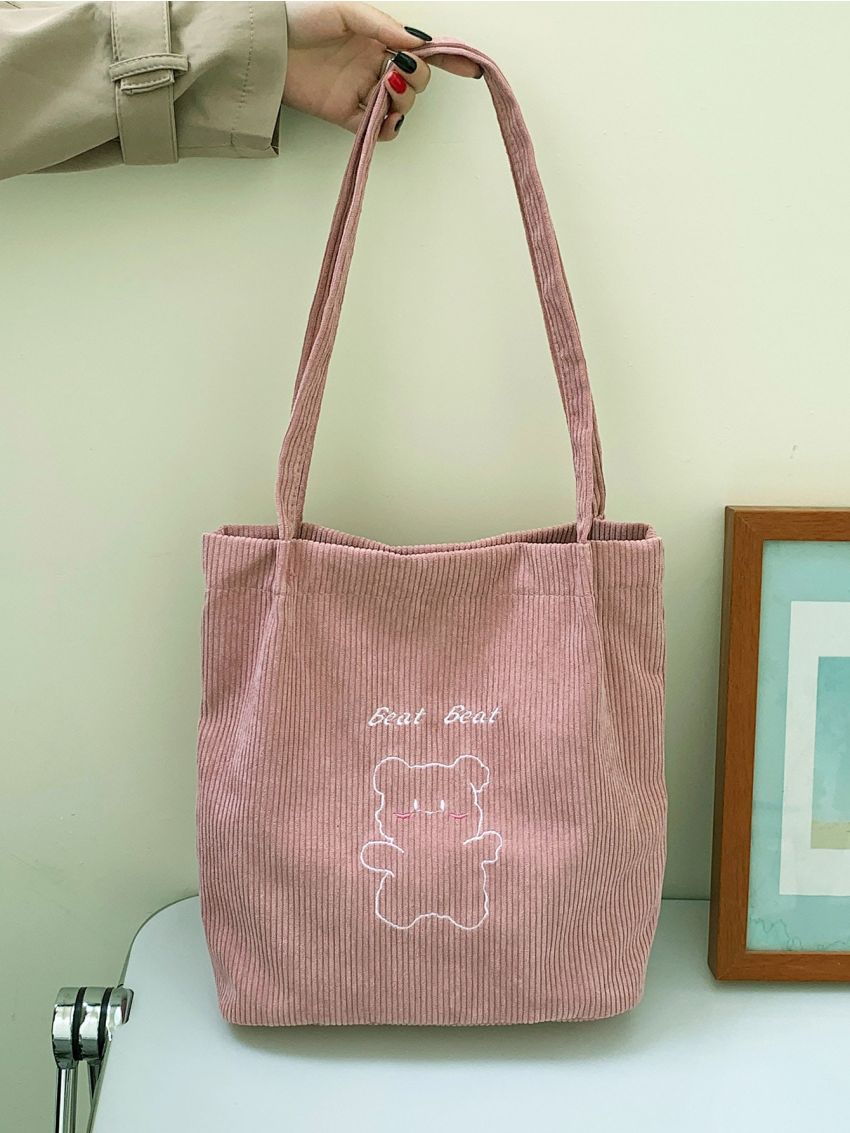 Letter & Cartoon Embroidery Design Corduroy Square Bag