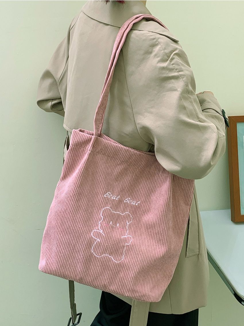 Letter & Cartoon Embroidery Design Corduroy Square Bag