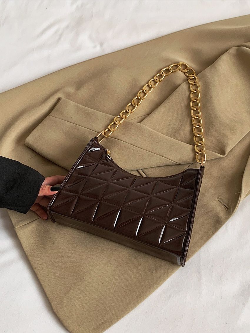Artificial Patent Leather Geometric Quilted Chain Baguette Bag