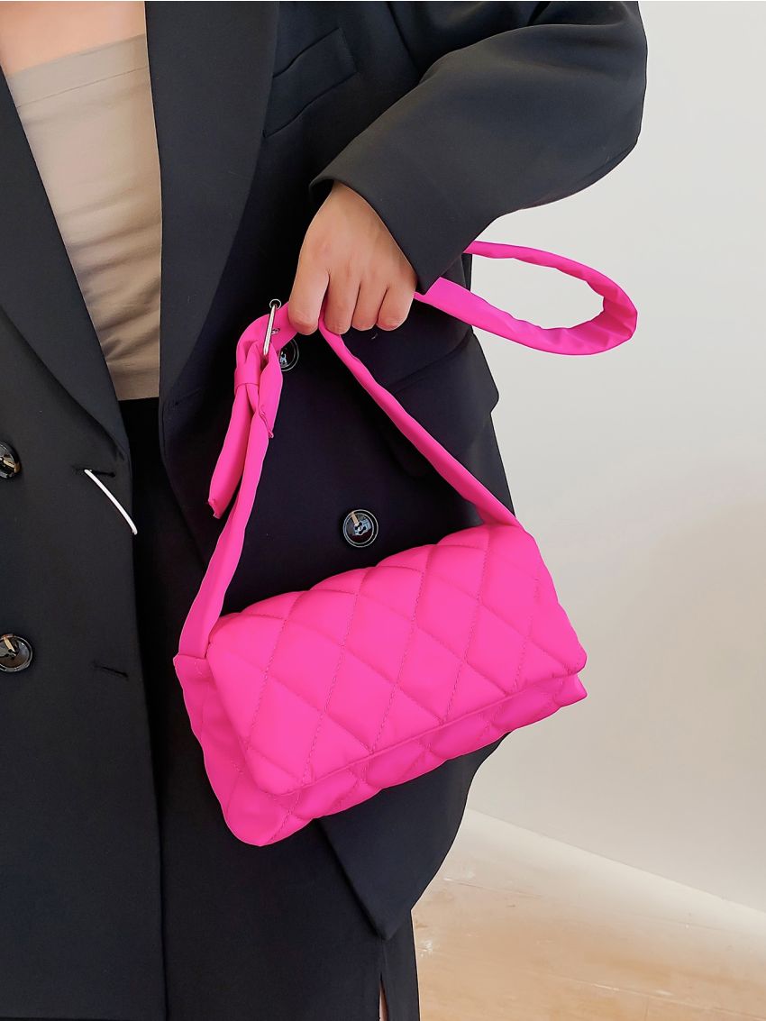 Neon Pink Quilted Flap Square Bag