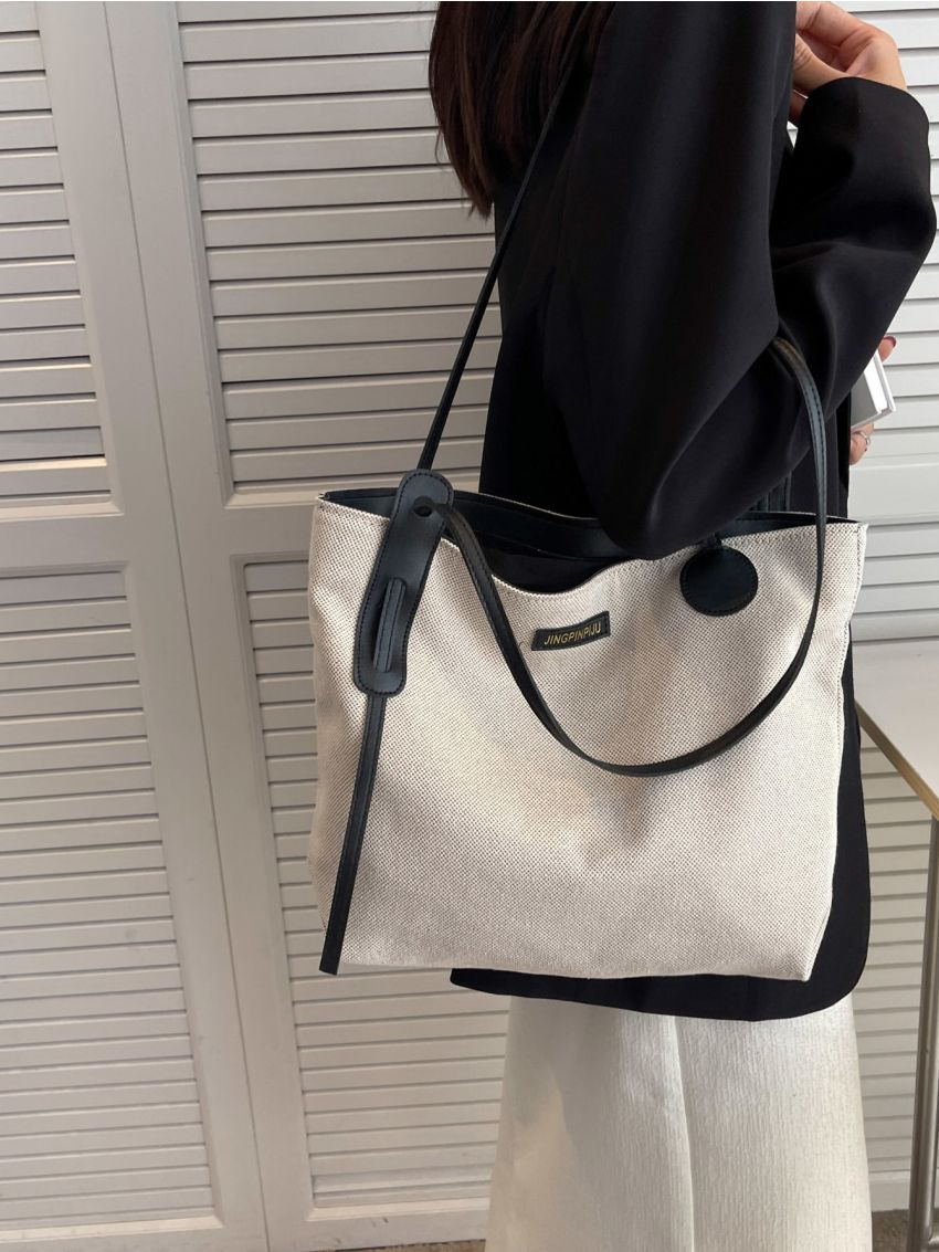 Letter Patch Decor Canvas Shopper Bag