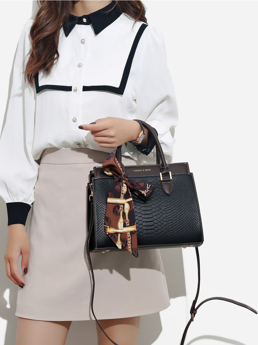 Crocodile Embossed Letter Detail Twilly Scarf Decor Square Bag