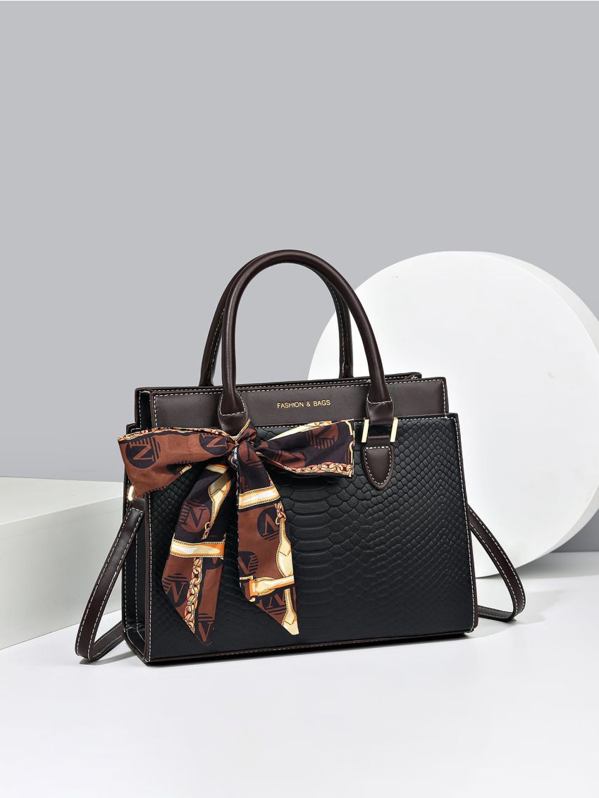 Crocodile Embossed Letter Detail Twilly Scarf Decor Square Bag