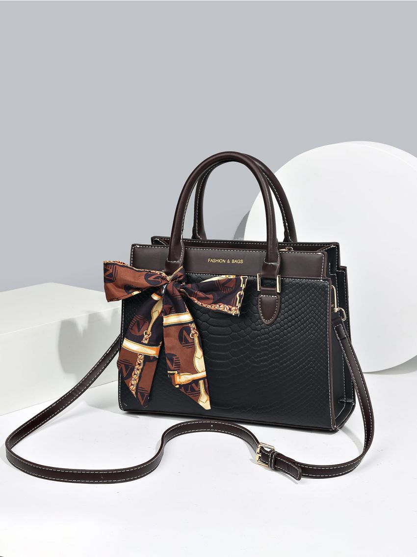 Crocodile Embossed Letter Detail Twilly Scarf Decor Square Bag