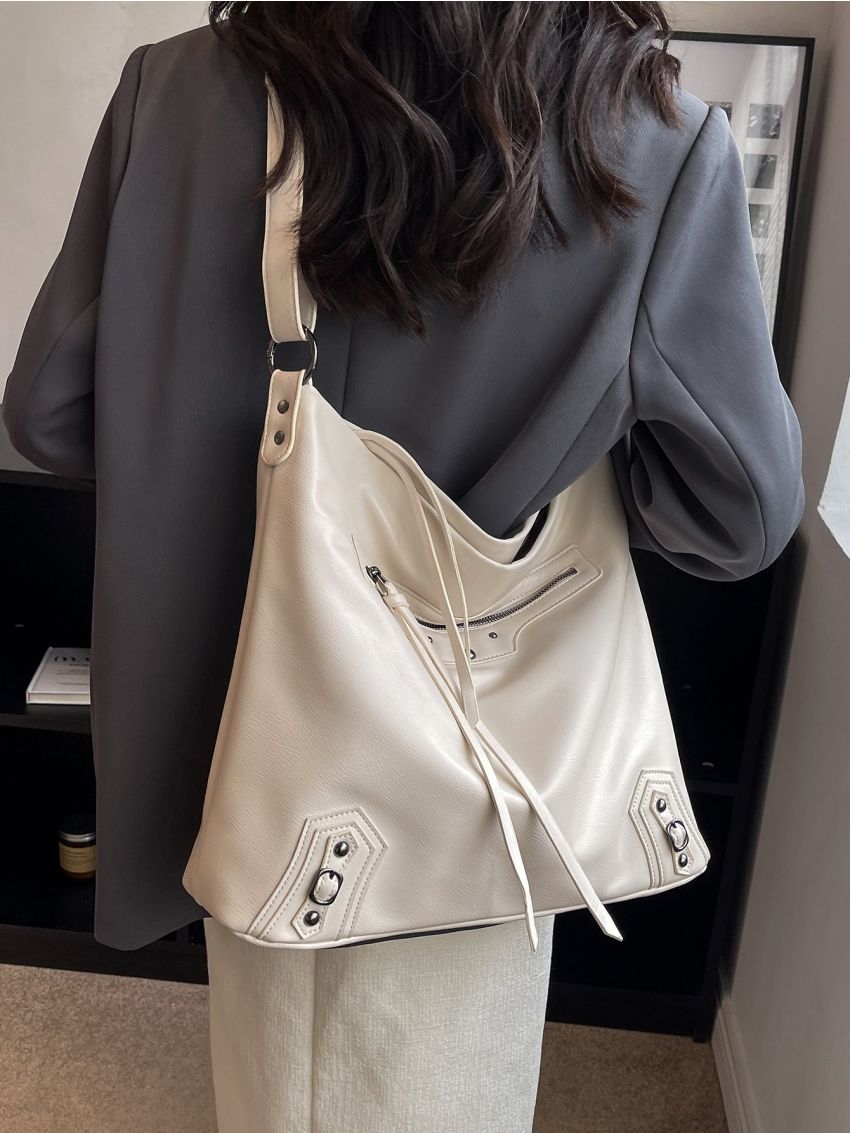 Studded Decor Zipper Front Hobo Bag