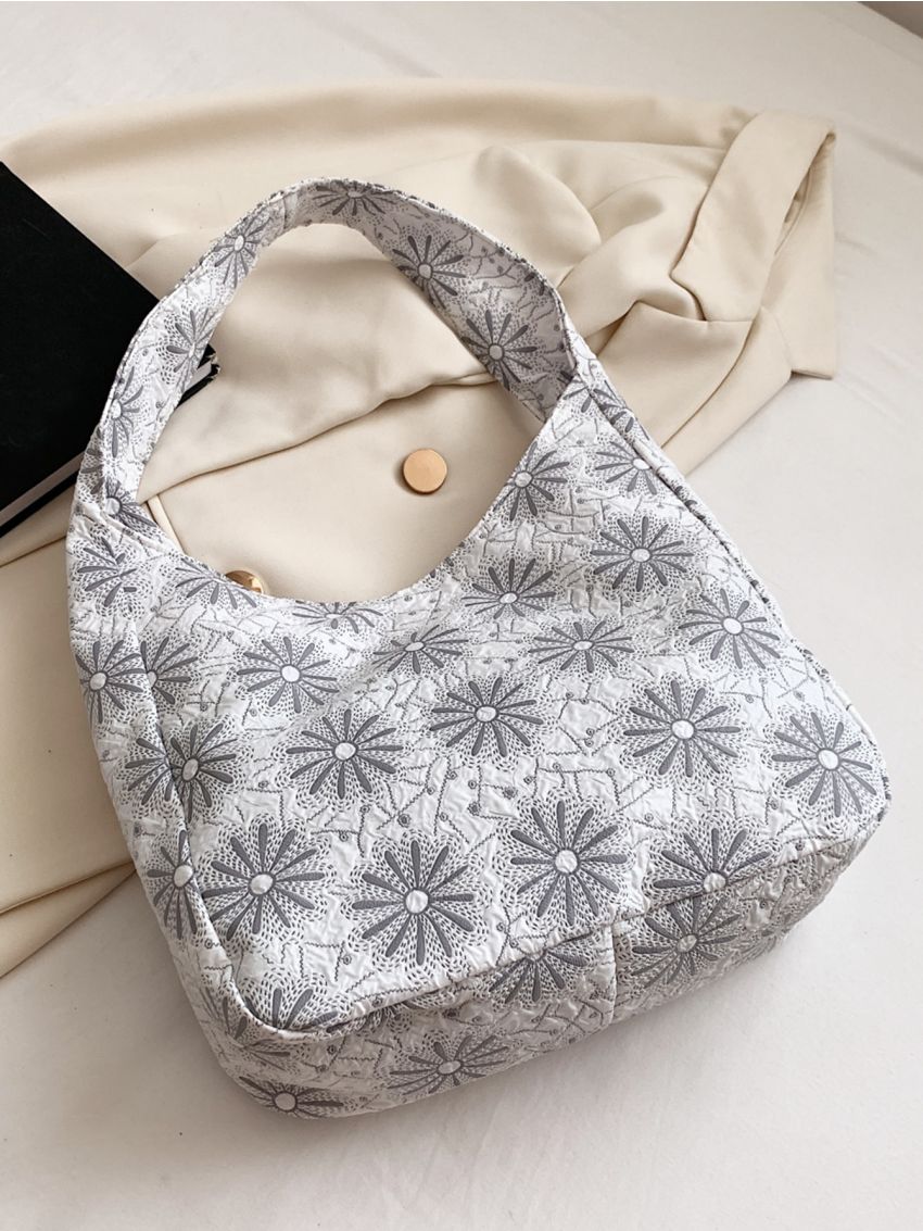 Floral Embroidered Letter Patch Decor Hobo Bag