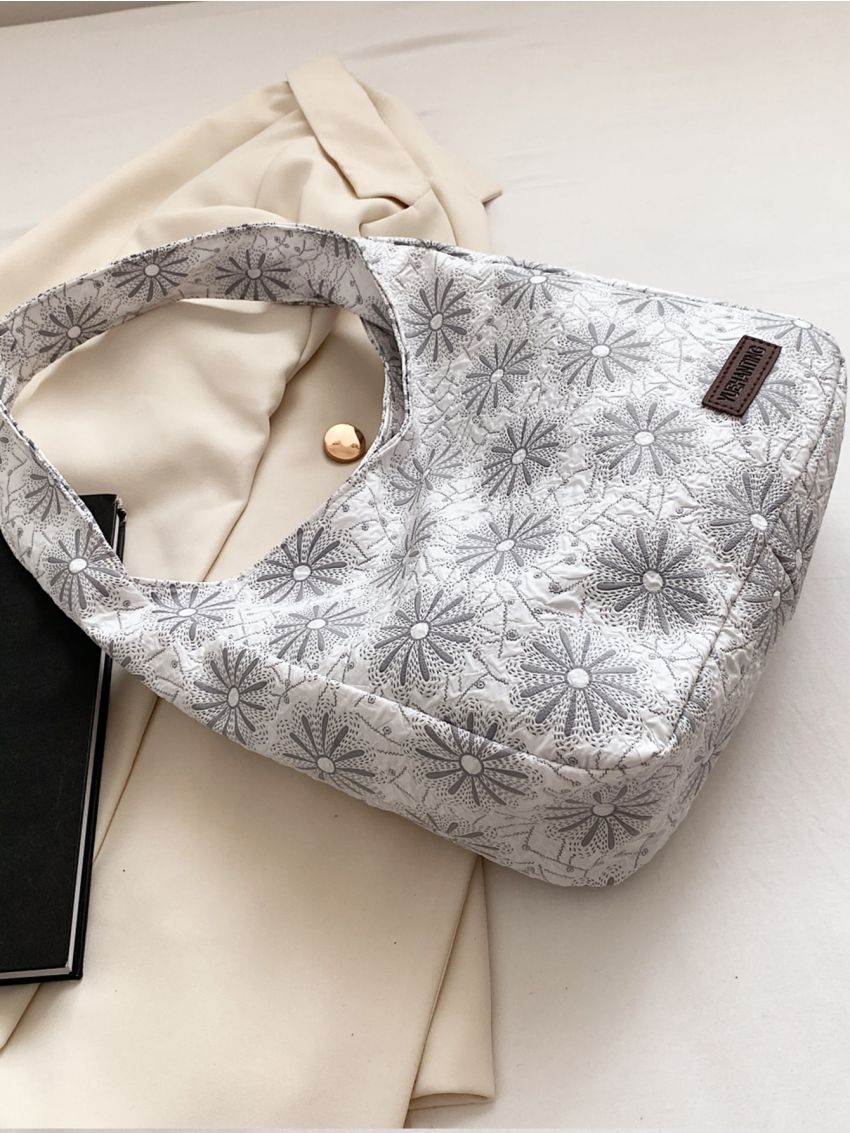 Floral Embroidered Letter Patch Decor Hobo Bag