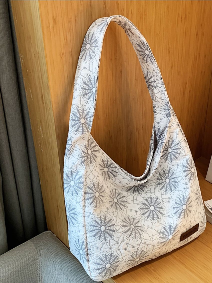 Floral Embroidered Letter Patch Decor Hobo Bag