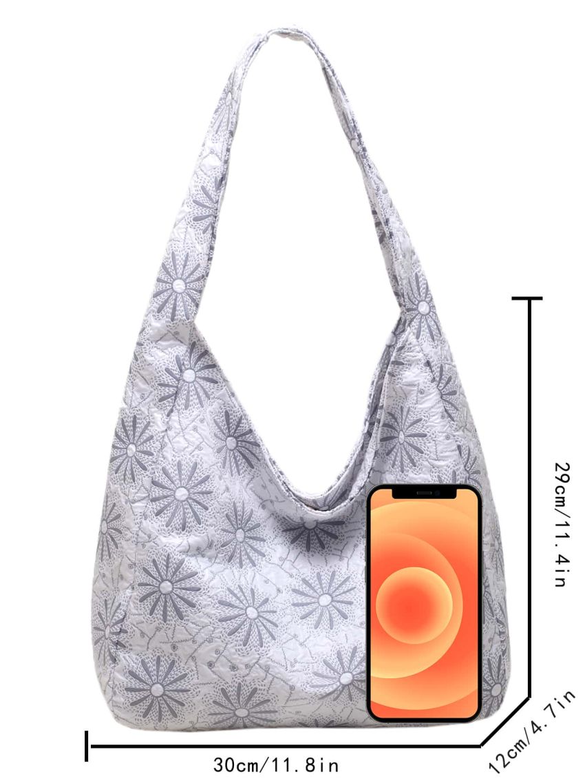 Floral Embroidered Letter Patch Decor Hobo Bag