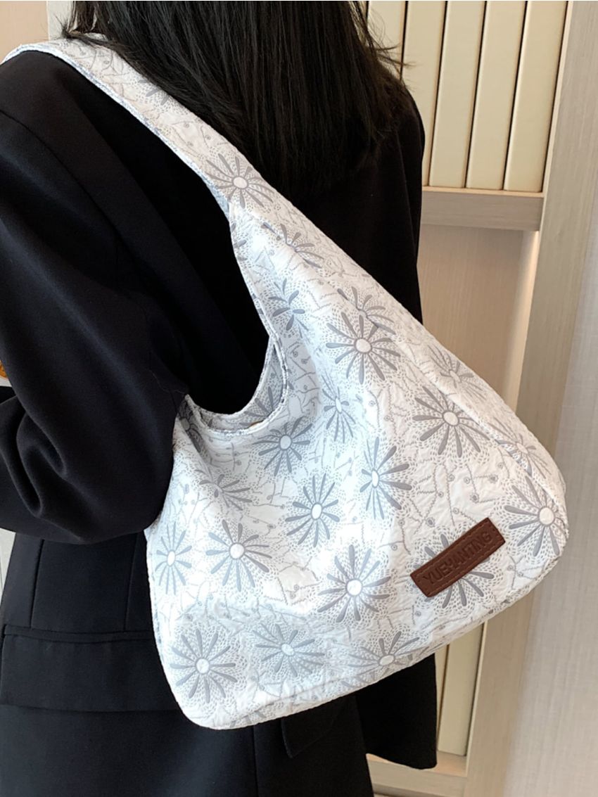 Floral Embroidered Letter Patch Decor Hobo Bag