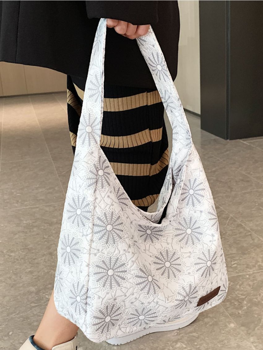 Floral Embroidered Letter Patch Decor Hobo Bag