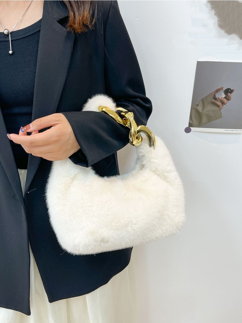 Chain Decor Fluffy Hobo Bag