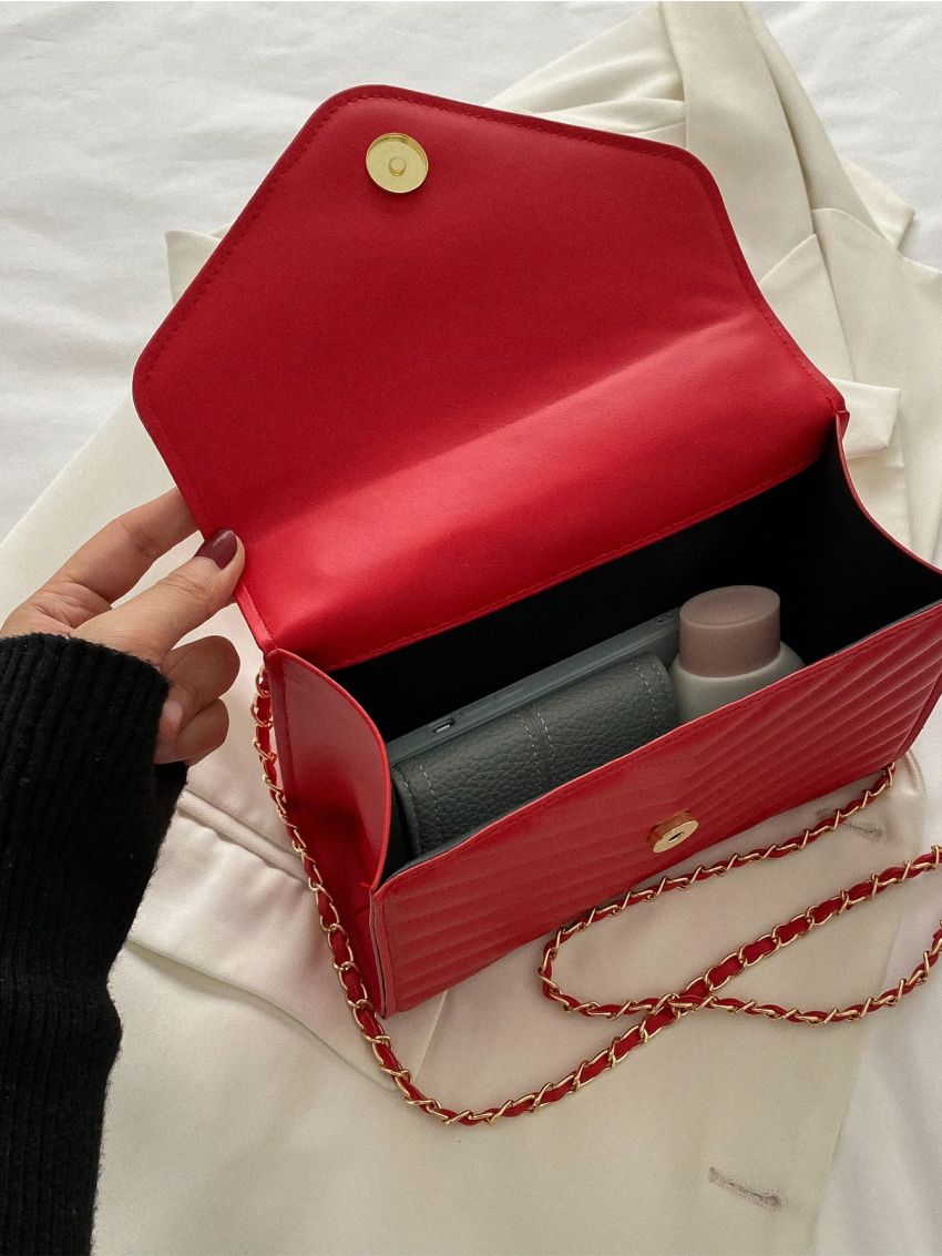 Neon Red Chevron Detail Metal Tassel Decor Flap Chain Square Bag