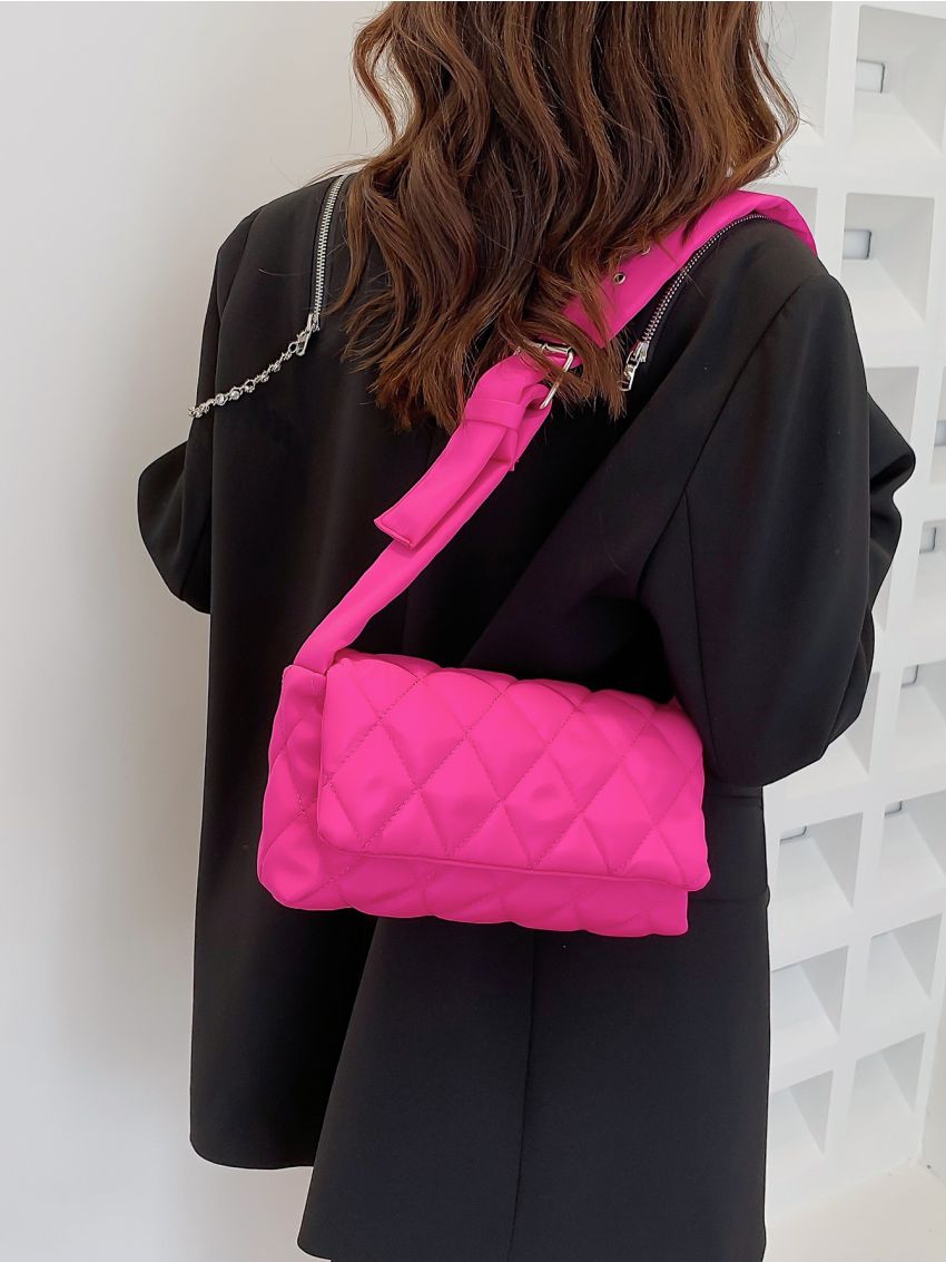 Neon Pink Quilted Flap Square Bag