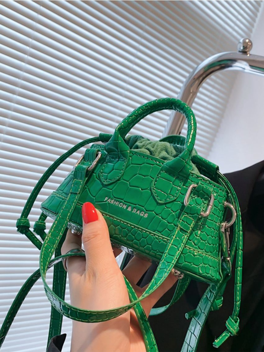 Mini Artificial Patent Leather Crocodile Embossed Letter Graphic Drawstring Bucket Bag
