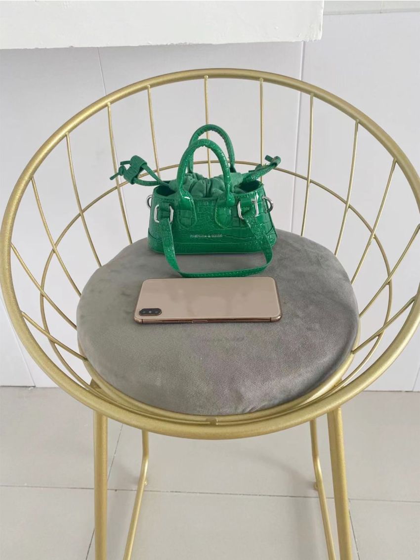 Mini Artificial Patent Leather Crocodile Embossed Letter Graphic Drawstring Bucket Bag