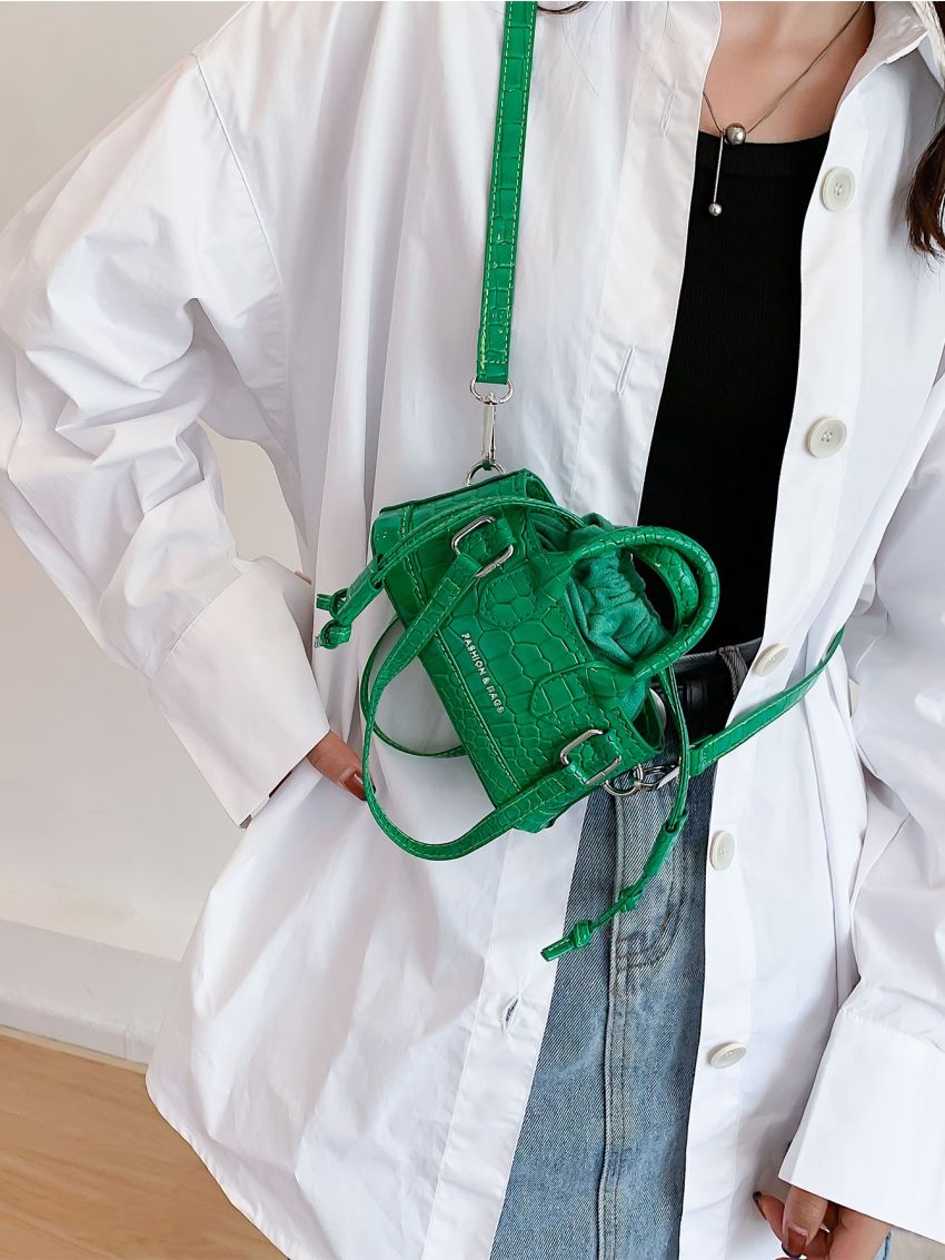 Mini Artificial Patent Leather Crocodile Embossed Letter Graphic Drawstring Bucket Bag