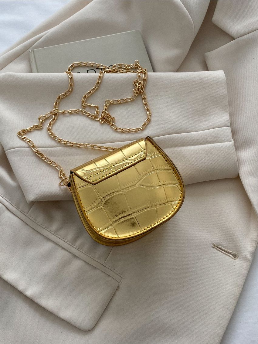 Mini Metallic Crocodile Embossed Flap Chain Saddle Bag