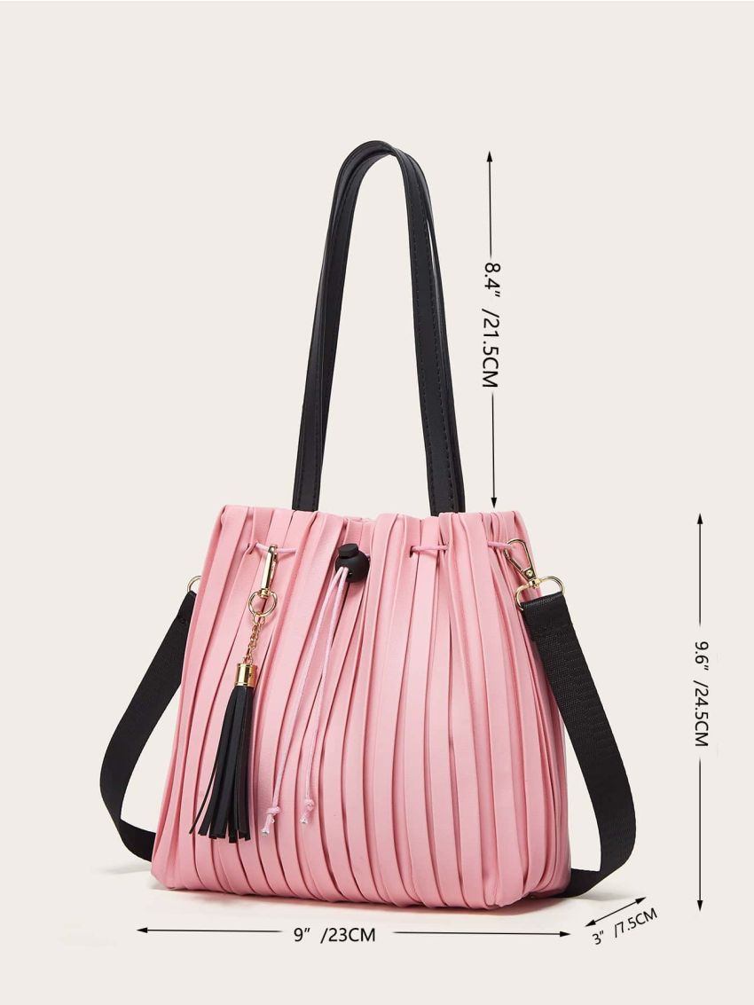 Tassel Decor Drawstring Pleated Bucket Bag