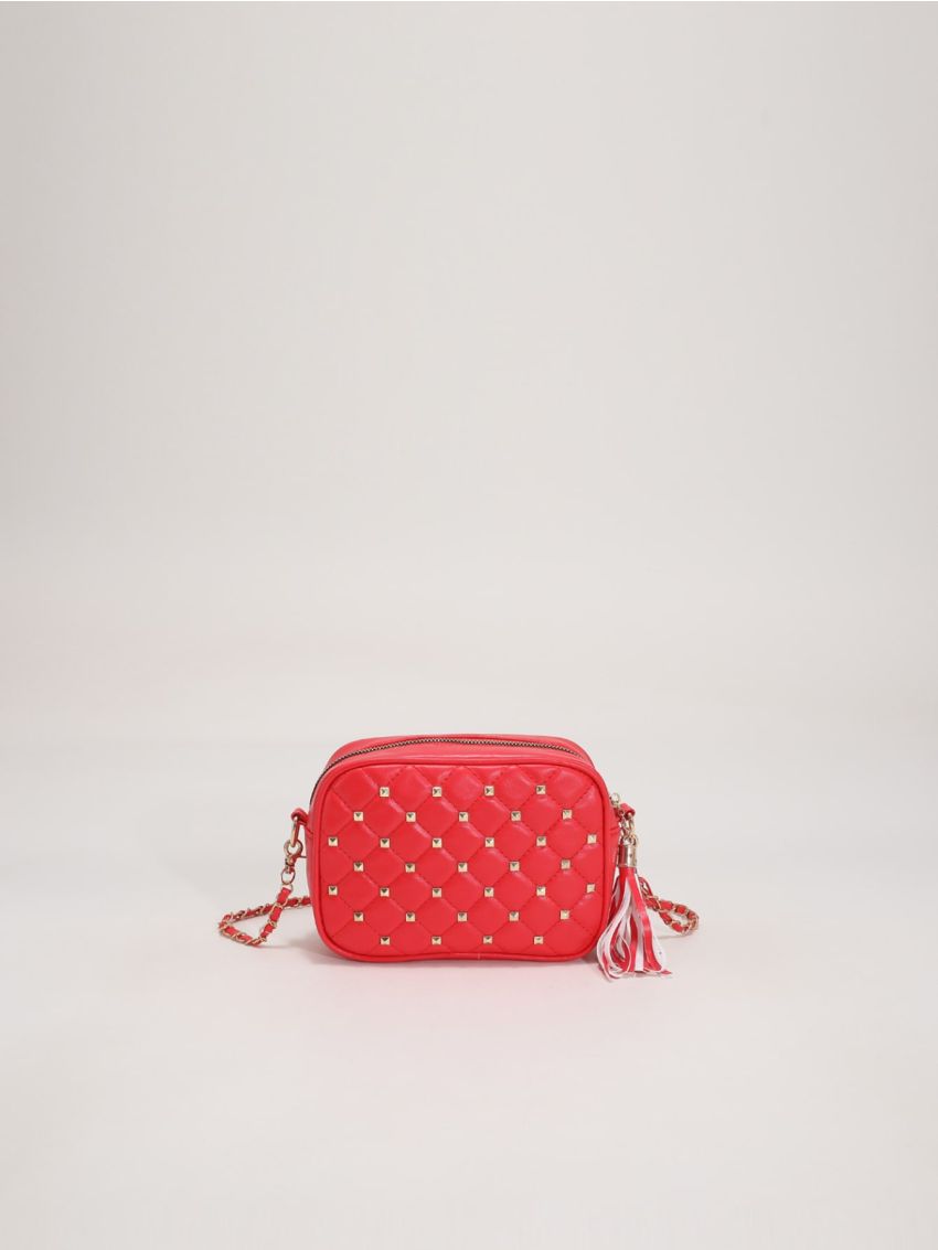 Mini Neon Red Quilted Tassel & Studded Decor Chain Square Bag