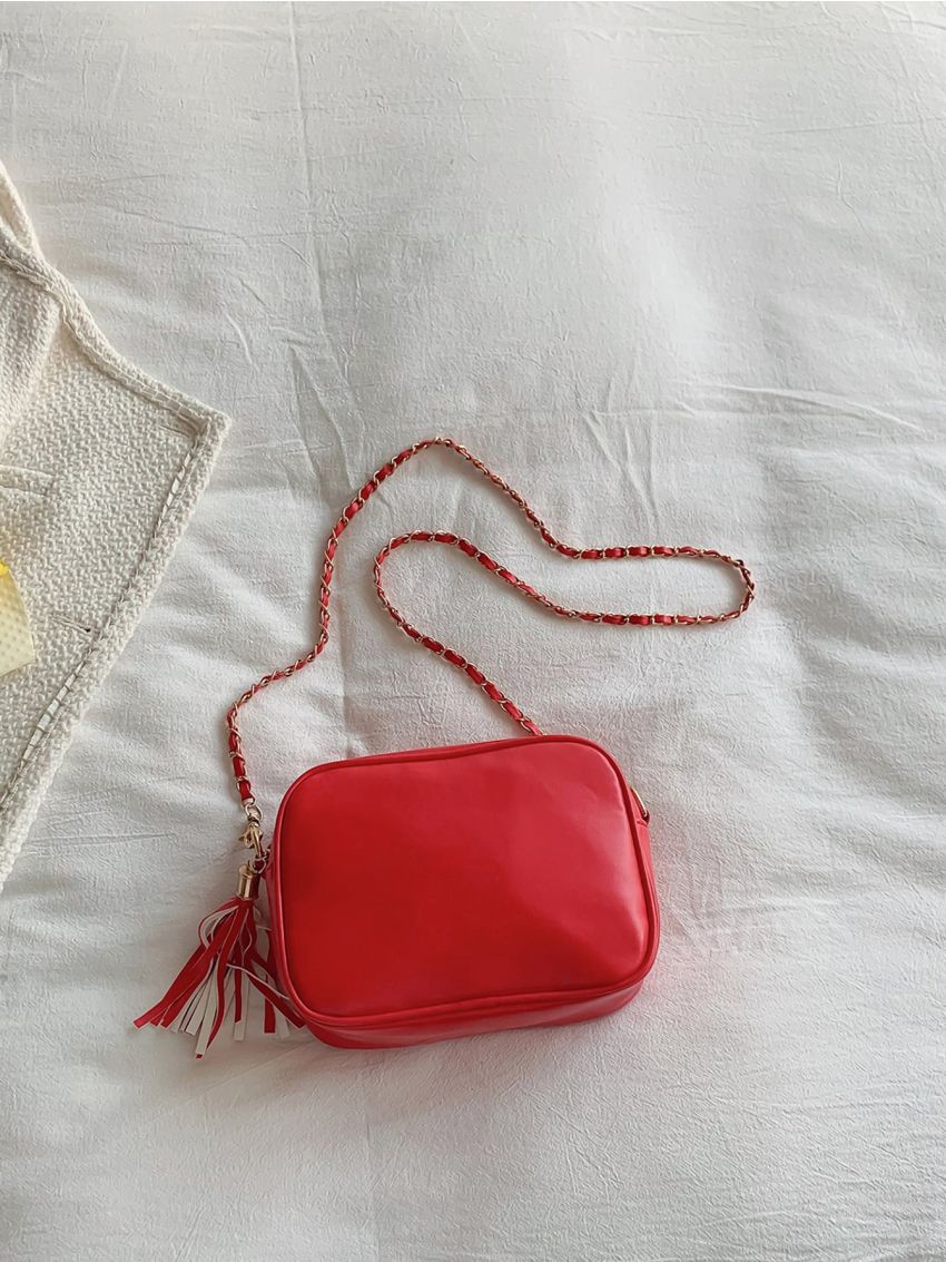 Mini Neon Red Quilted Tassel & Studded Decor Chain Square Bag